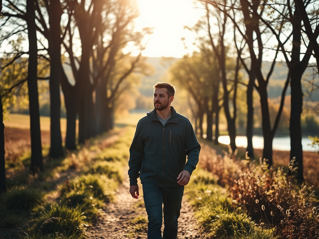 Ryan Abramson walking in a park in Bucks County, PA in the summertime with a sun setting in the background
