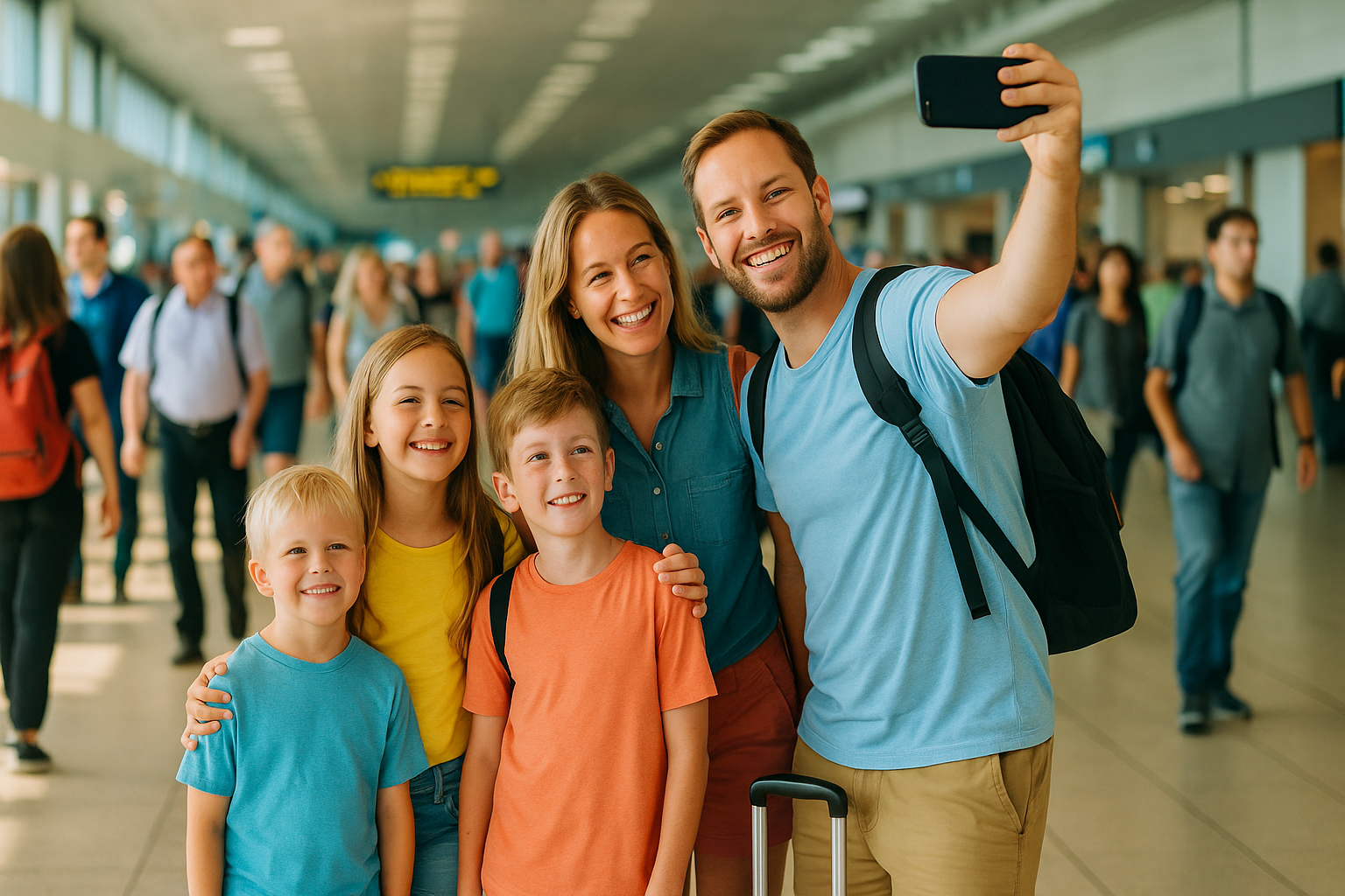 Ryan Abramson travel in the airport in philadelphia with a family taking a selfie in the terminal. The man is holding hte phone.